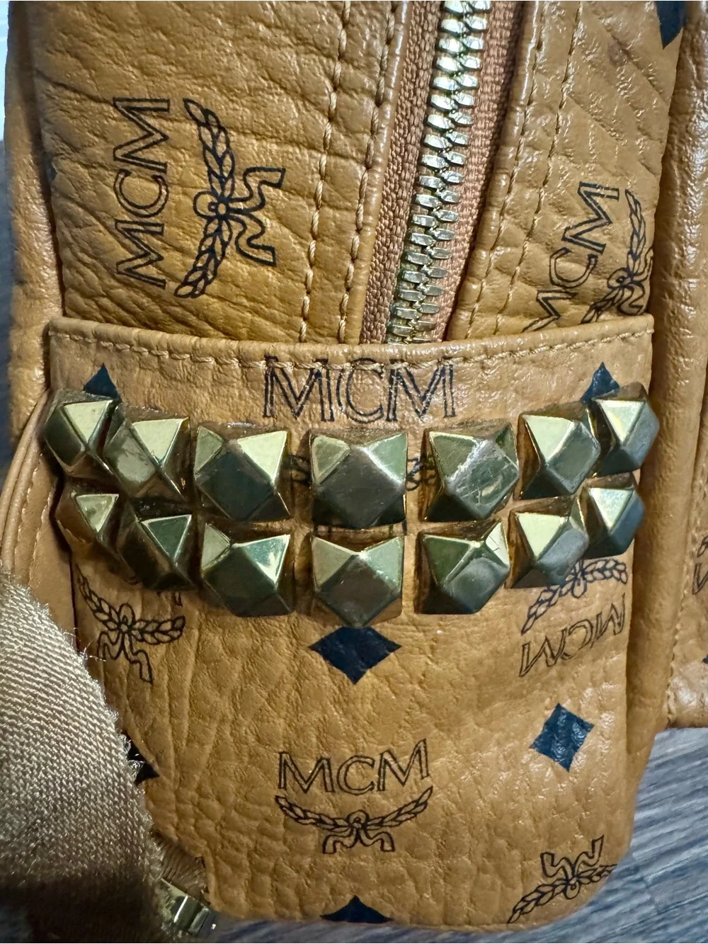 MCM Mini Stark Side Studs Backpack Visetos Cognac With Matching Wallet